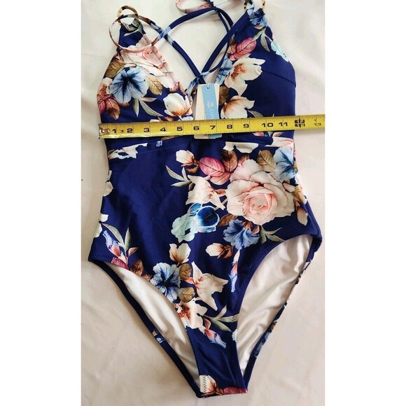 CUPSHE NWT Blue Floral Padded One Piece Swimsuit V-Neck Bathing Suit Size Small - Picture 8 of 11
